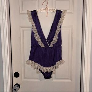 Vintage Flair Purple Satin and Lace Teddy Romper Bodysuit ILGWU Union Made